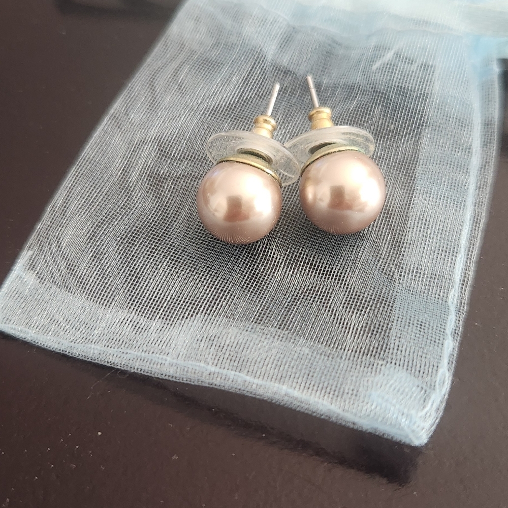 VTG LARGE 10mm CHAMPAGNE GLASS PEARL STUD EARRINGSSTERLING SILVER POST